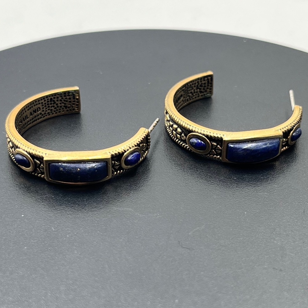 Barse Brass Metalwork Leaves Lapis Lazuli Cabochon Hoop Earrings art
Deco